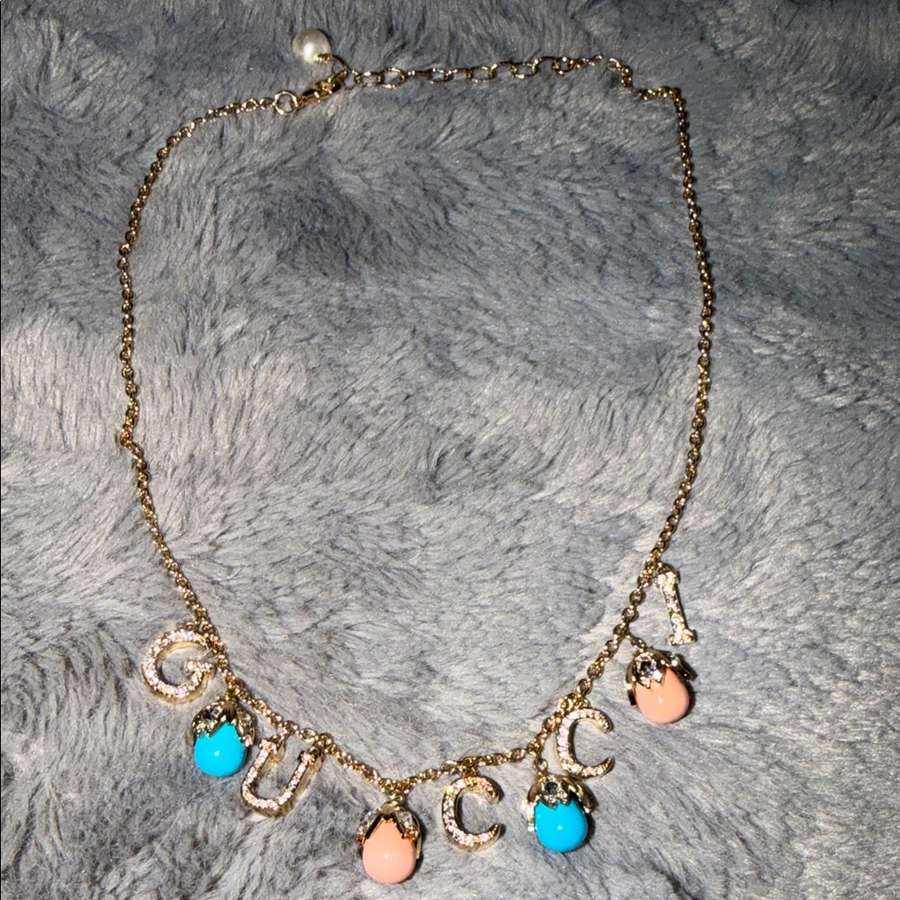 Preloved Gucci Gold Necklace with Peach and Turquoise Charms excellent condition